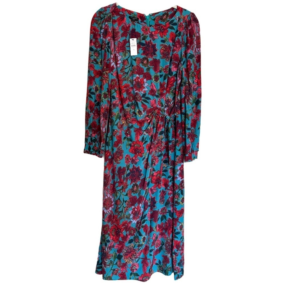 Talbots Satin Blue Red Blooming Floral Side Tie Midi Dress Size 2P NEW $169